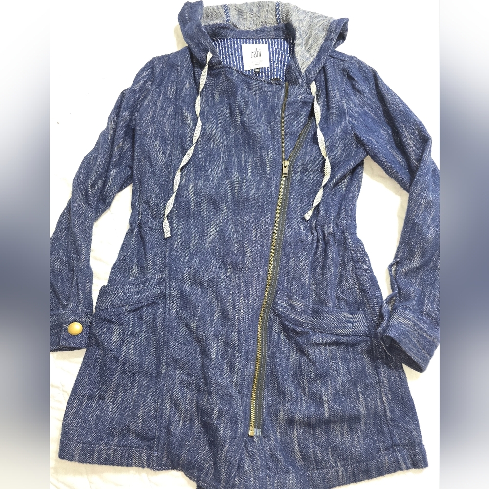 Cabi Denim Hooded Jacket XS Asymmetrical Zip Blue Casual Parka Style